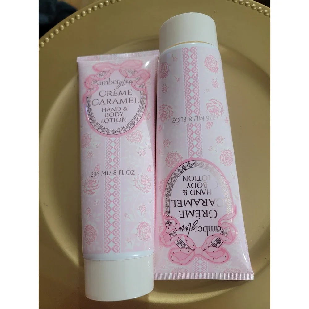 Amber Glow Creme Caramel‎ Hand and Body Lotion 8 fl oz 2 Pack Pink Coquette Set